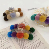 Pom Poms Fuzzy Curved Crescnet Hair Claw Clips - Warm Neutrals