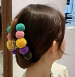 Pom Poms Fuzzy Curved Crescnet Hair Claw Clips - Spring Pastel